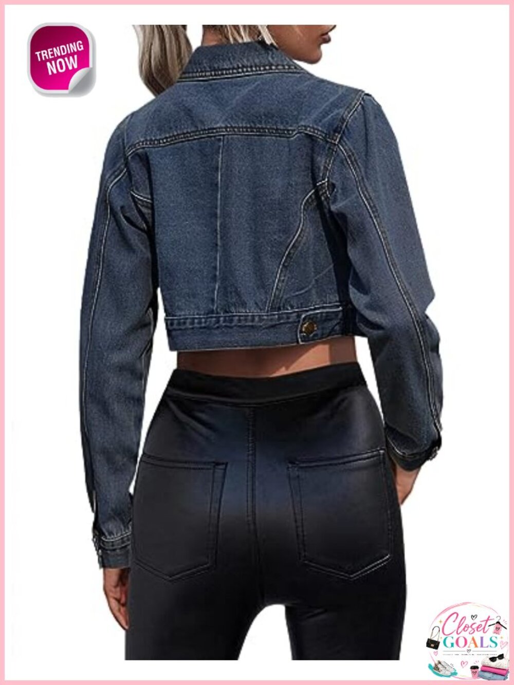 Women's 100% Cotton Button Down Cropped Denim Jean Jacket with Pockets - Picture 2 of 6